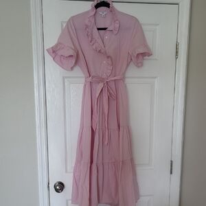 Crown & Ivy Pink Midi Sundress with Puff Sleeves and Peter Pan Collar
